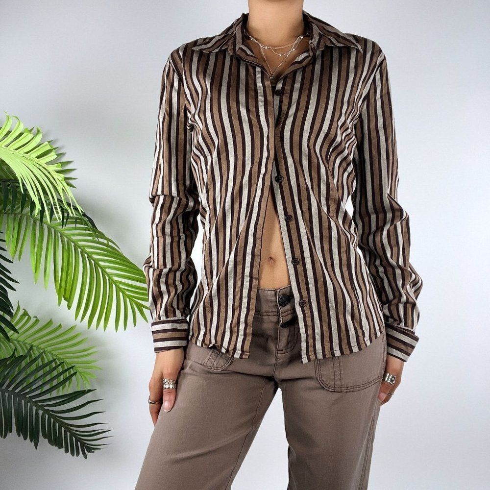 Vintage Y2K Brown Striped Dark Academia Fairy Grunge Button Up Shirt / 8